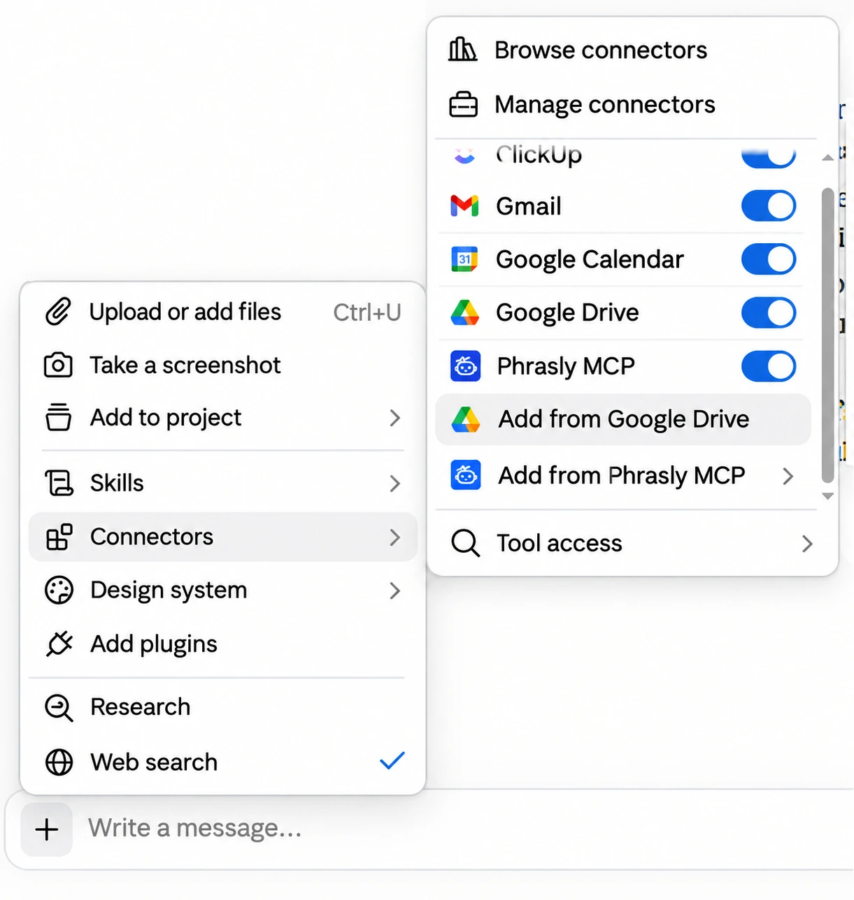 Claude chat menu with Connectors open and the Phrasly MCP toggle switched on.
