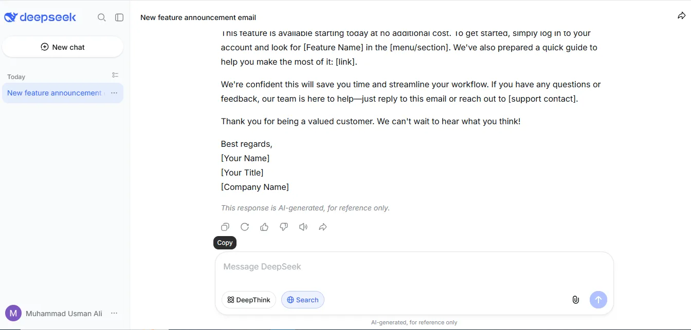 DeepSeek's website: the visible label “AI-generated, for reference only” sits below the message box, outside the answer. Tested October 22, 2026.