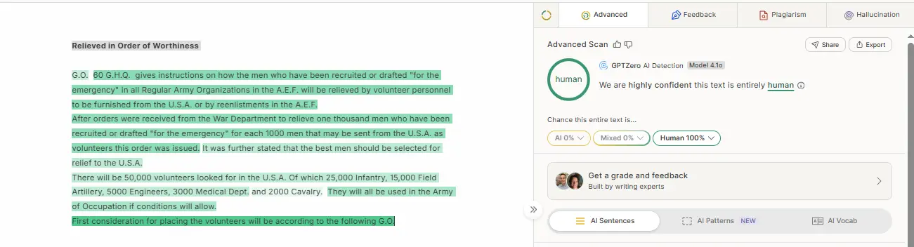 Turnitin vs GPTZero test: GPTZero Advanced Scan labels the human sample 100% Human