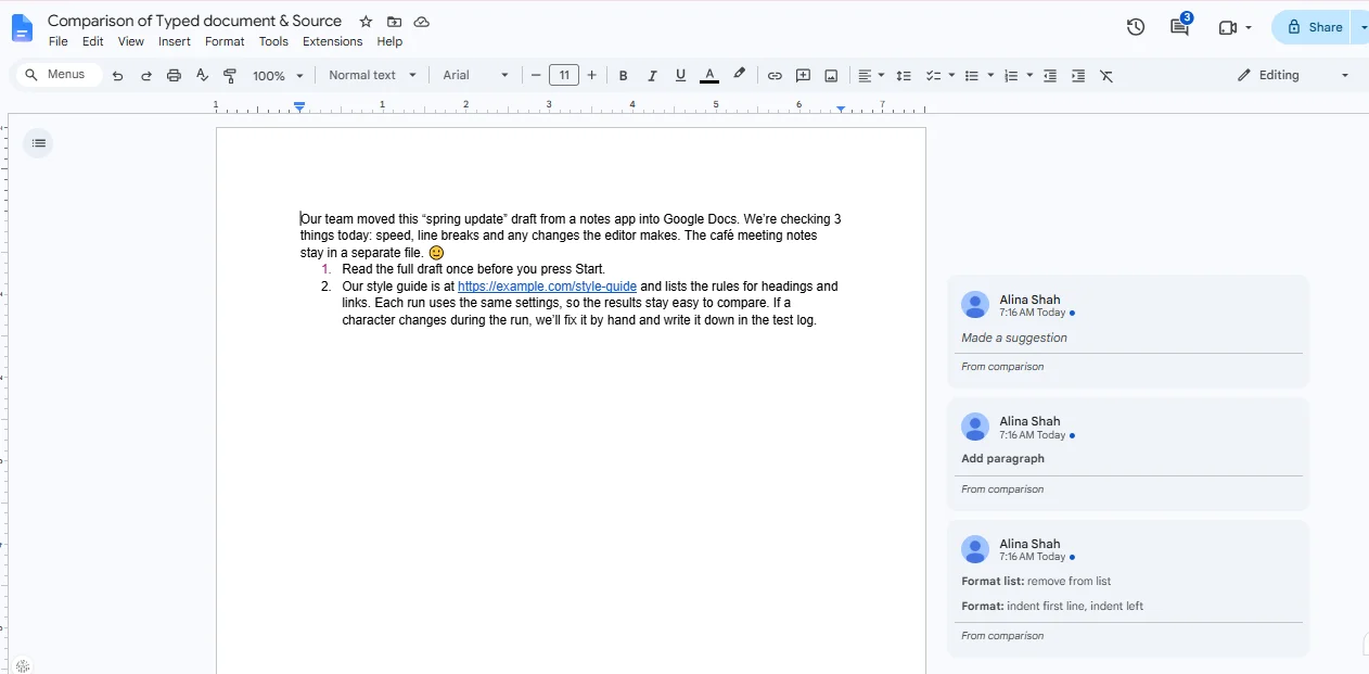 Google Docs Compare documents result showing list formatting differences between the source passage and the auto typed text