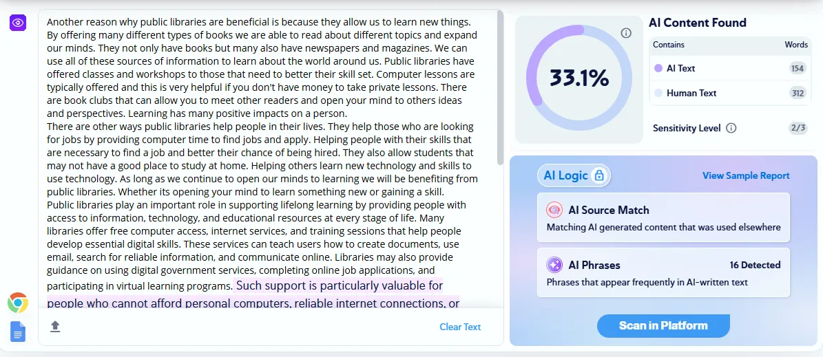 Copyleaks, mixed passage: 33.1% AI content; AI Logic locked without logging in. Tested October 18, 2026.
