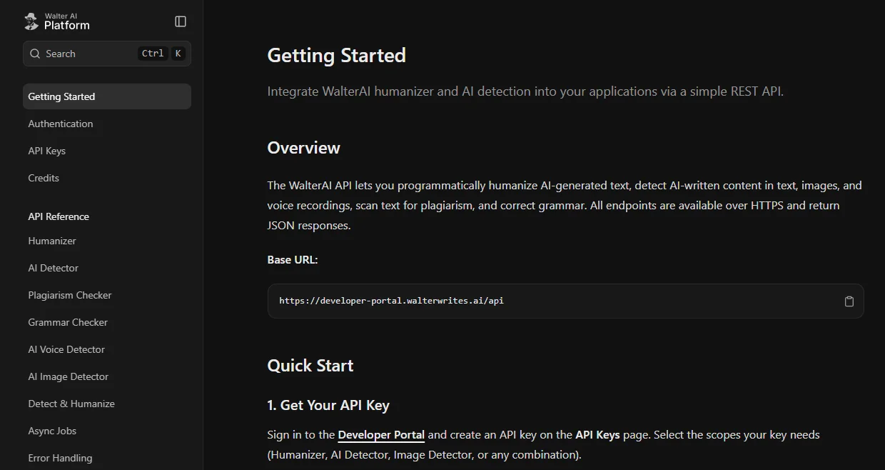 Walter Writes API documentation Getting Started page showing the REST API overview, base URL and a sidebar with Humanizer, AI Detector and Async Jobs sections.