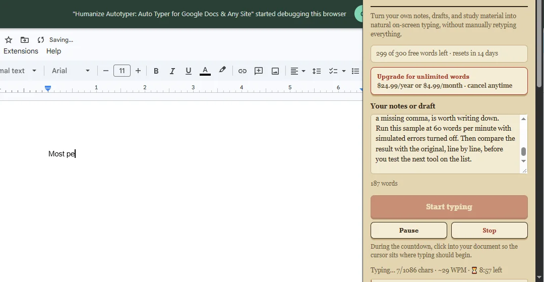 Humanize Autotyper typing into Google Docs, with Chrome's debugging notice at the top and the panel showing 299 of 300 free words left.