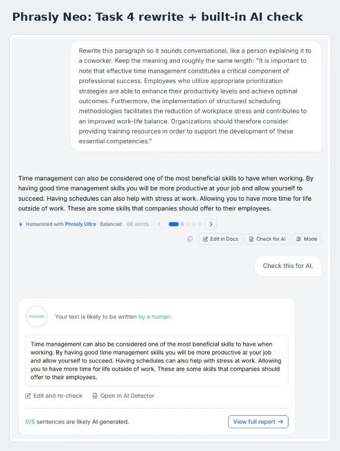chatgpt alternative Phrasly Neo built-in AI detector score