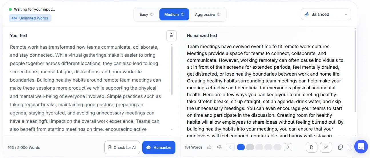 Phrasly AI Humanizer (phrasly.ai), Balanced model at Medium strength, Test 1 blog intro. Tested October 1, 2026.
