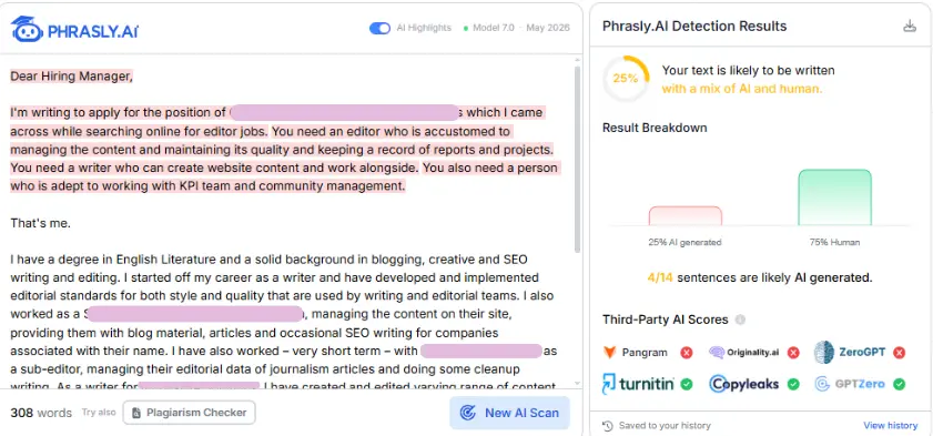 Phrasly AI Detector scores a human-written cover letter at 75% human and highlights its formulaic opening sentences; the score estimates writing patterns and cannot prove who wrote the text.