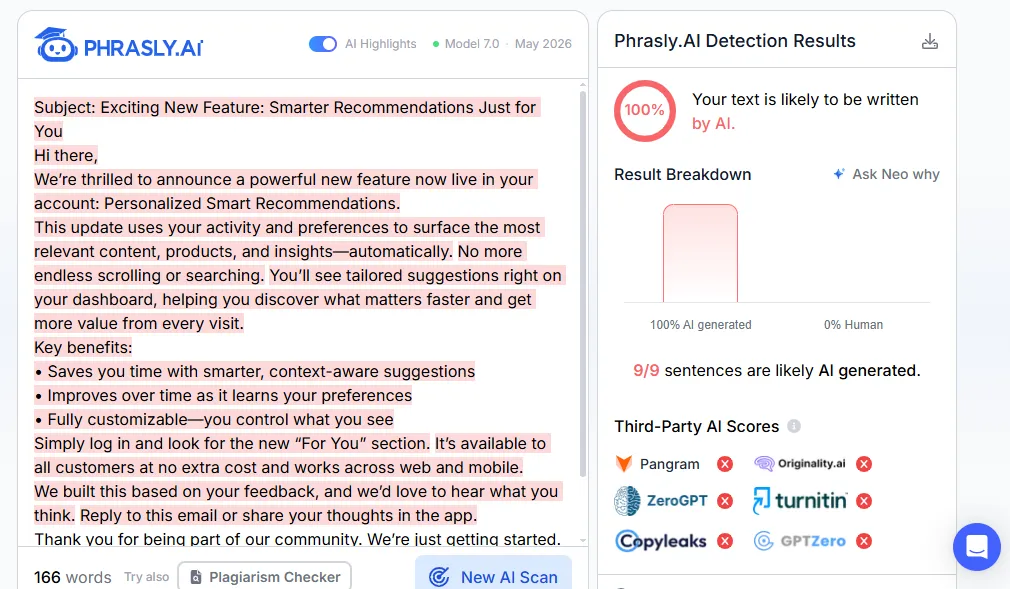 S2 in Phrasly AI Detector: 100% AI. Tested October 17, 2026.