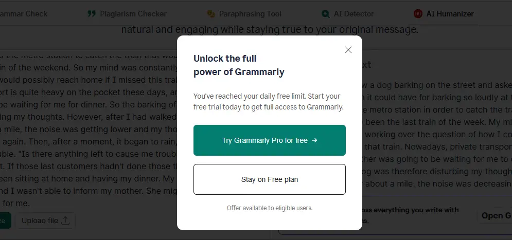 Grammarly AI Humanizer showing a daily free limit message after three rewrites