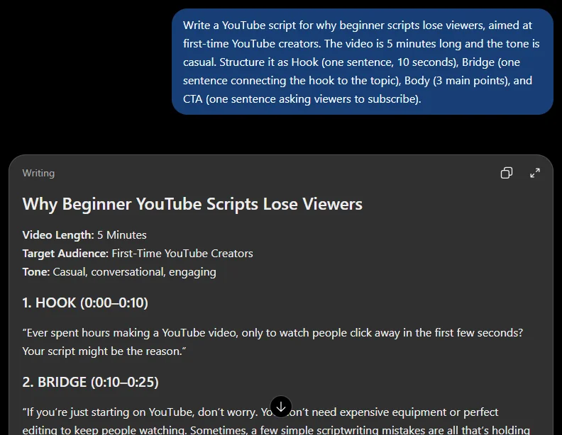 how to write a youtube script, ChatGPT output for the article's AI prompt showing the labeled hook and bridge sections