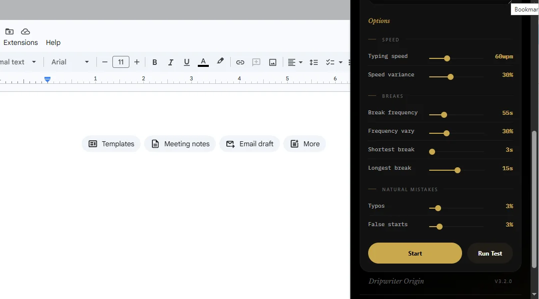 Dripwriter Origin options beside a Google Doc, showing typing speed 60 WPM, speed variance, break settings, typos and false starts.
