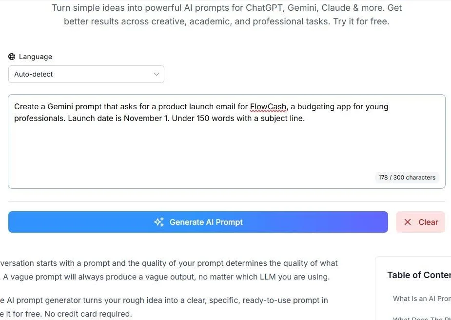 Gemini Prompt Generator input box with a 178-character request for a FlowCash launch email prompt