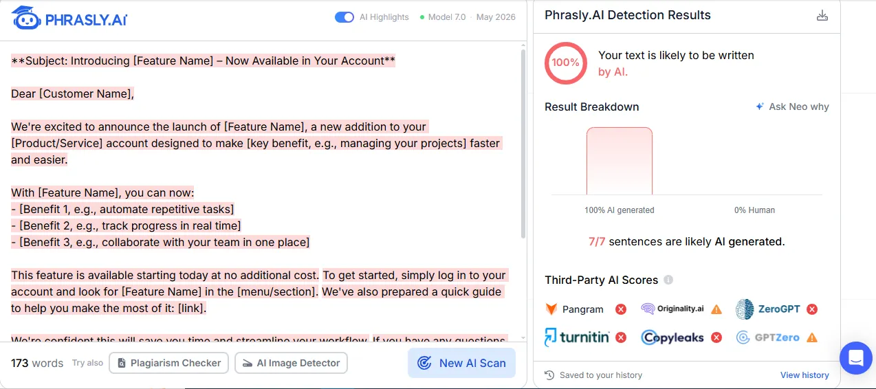 Phrasly AI Detector on the copied DeepSeek answer: 100% AI, 7/7 sentences (pattern-based, not watermark-based). Tested October 22, 2026.