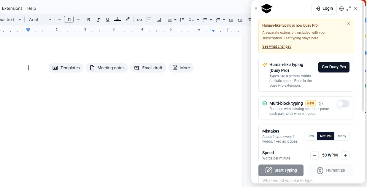Duey panel in Google Docs showing the Duey Pro notice, mistake levels Few, Natural and Many, and a speed setting in words per minute.