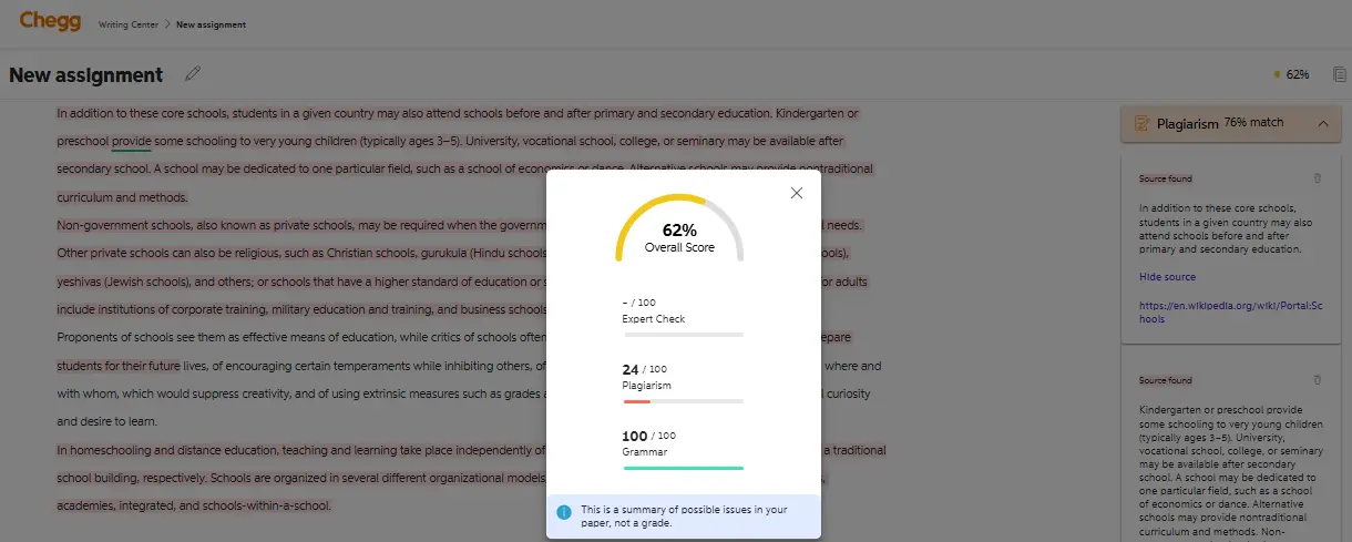 Chegg plagiarism report showing a 76% match and the score box for a copied web passage