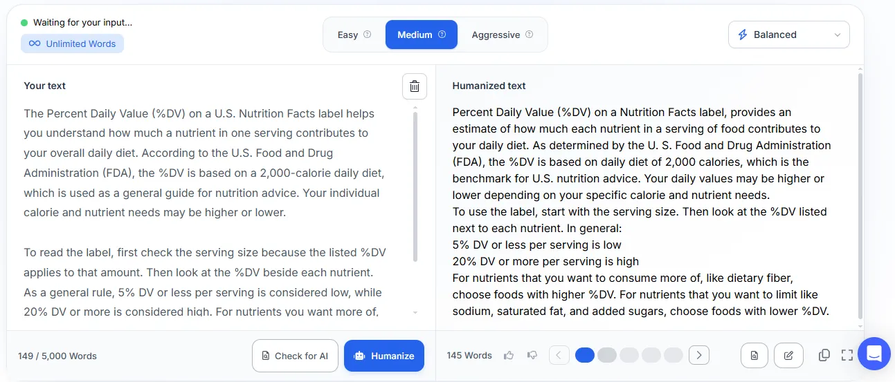 Phrasly AI Humanizer (phrasly.ai), Balanced model at Medium strength, Test 3 factual explainer. Tested October 1, 2026.