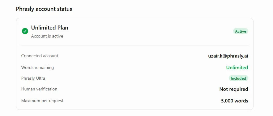 Run 2: Phrasly's account status inside ChatGPT. Personal details blurred. Tested October 14, 2026.