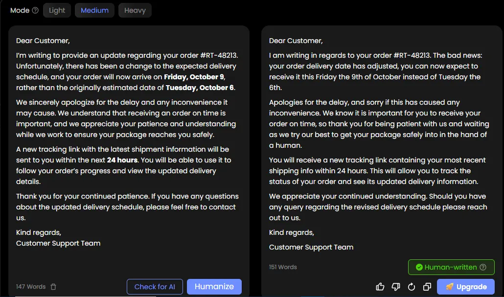 Humanize.io (humanize.io), Medium mode, Test 2 customer email. Tested October 1, 2026.