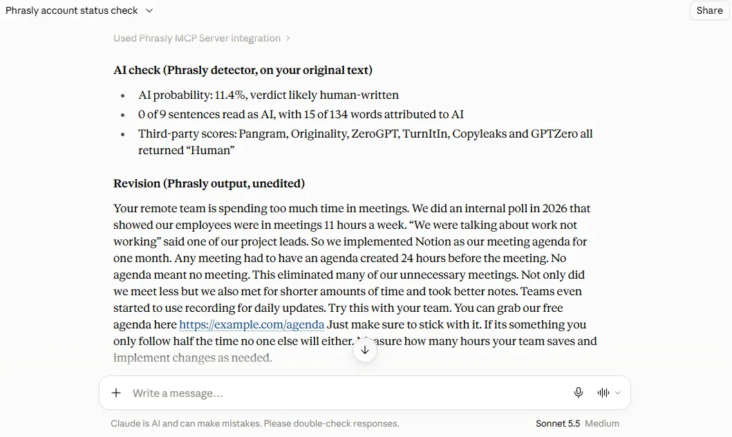 Phrasly MCP inside Claude.ai: the AI check result and the unedited rewrite. Tested October 9, 2026.