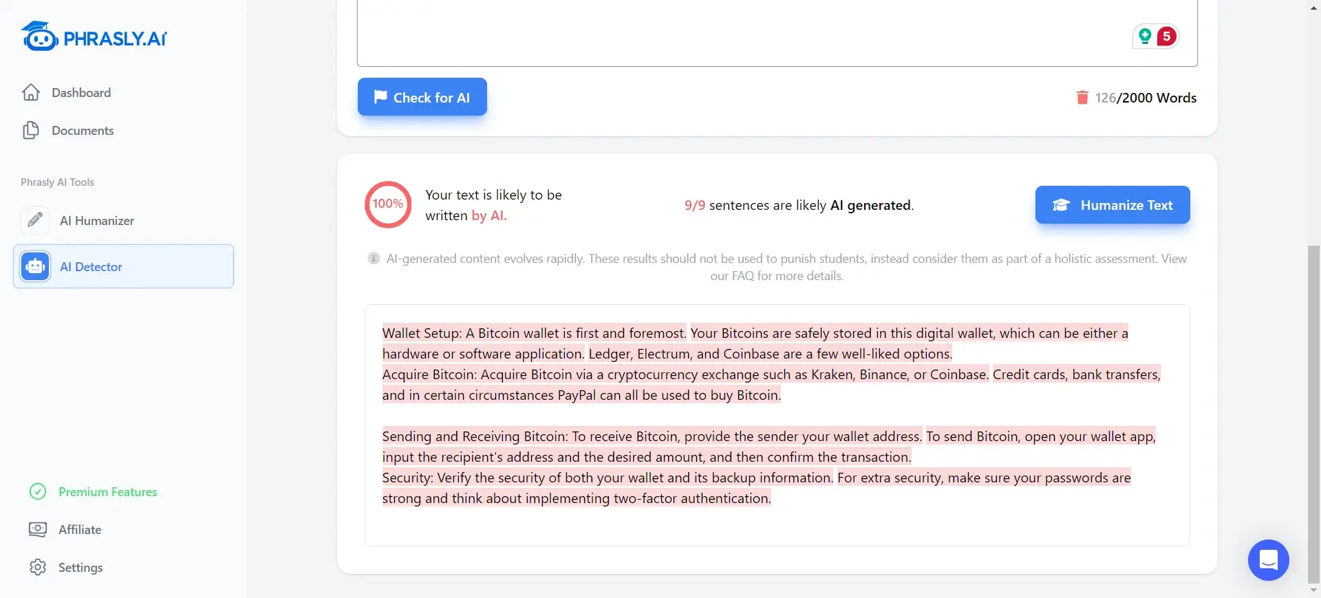 Phrasly AI Detector scoring the QuillBot-paraphrased text 100% AI, with 9 of 9 sentences flagged.