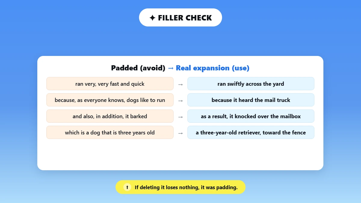 Table swapping padded filler sentences for real expanded detail