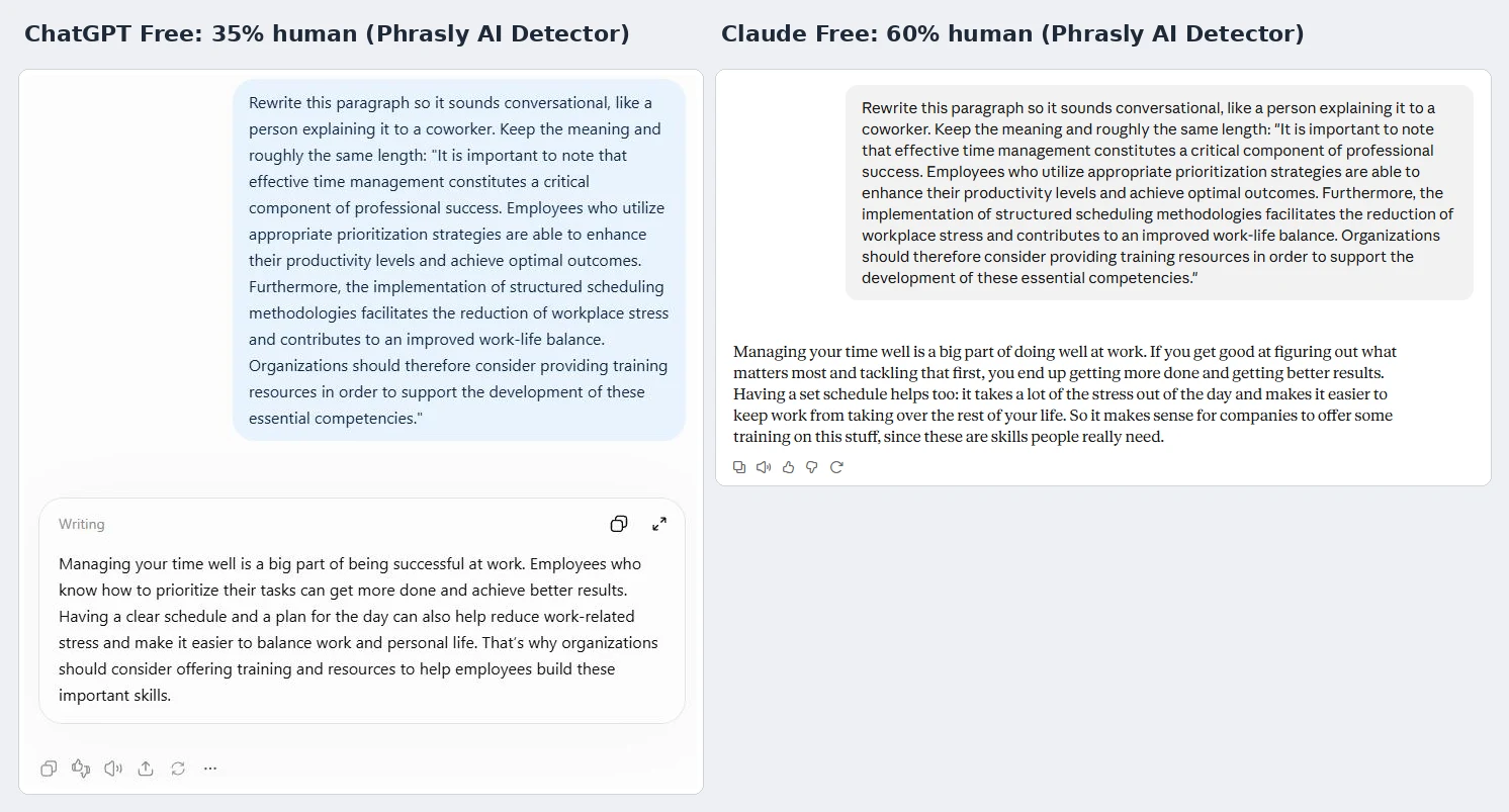 chatgpt alternative Claude vs ChatGPT rewrite with AI detector score