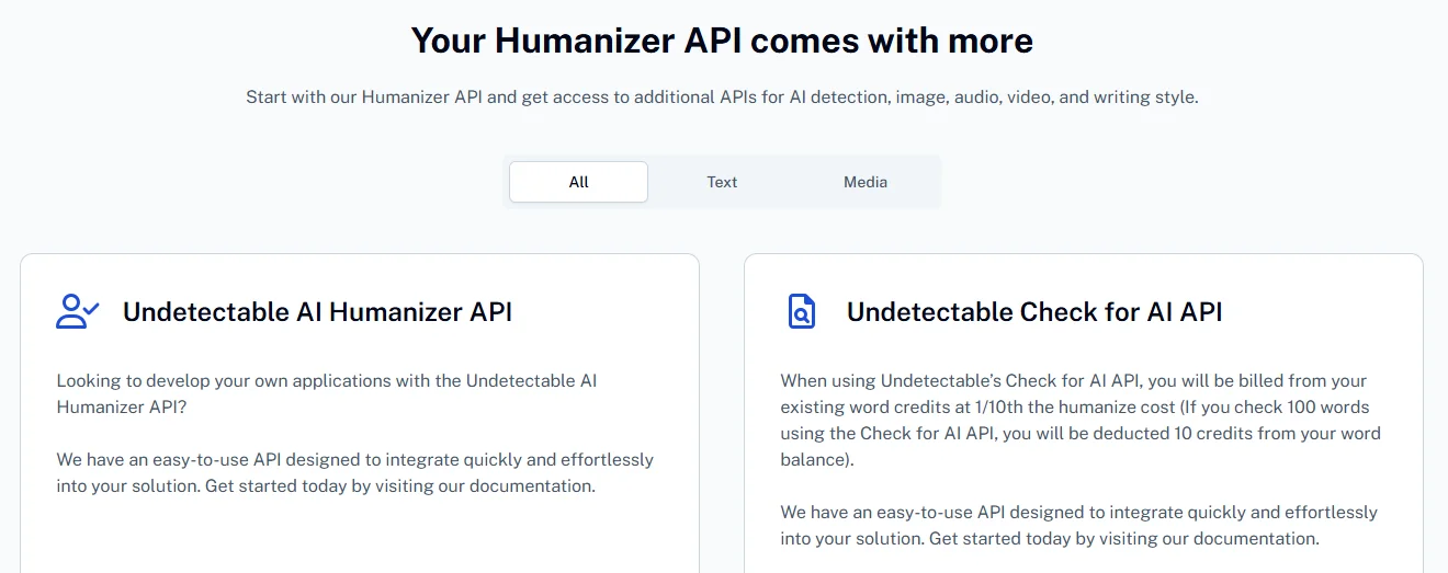Undetectable AI developer page listing its Humanizer API and Check for AI API, with additional APIs for AI detection, image, audio, video and writing style.
