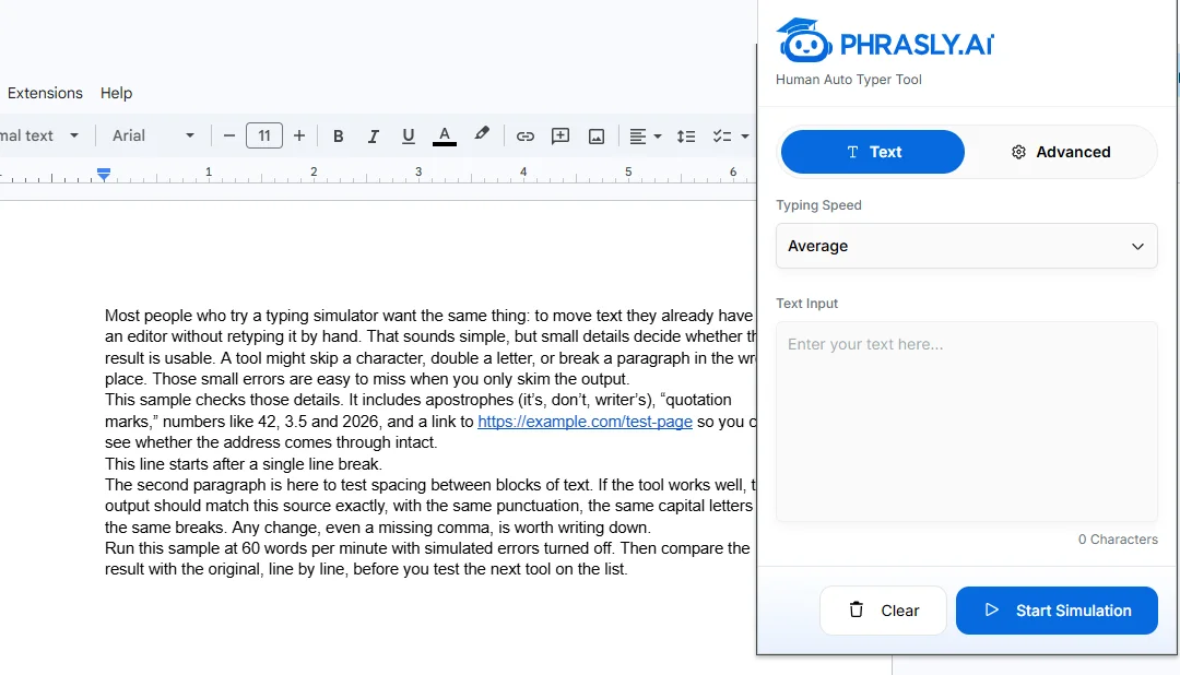 Phrasly Human Auto Typer panel beside a Google Doc, showing the Average speed preset, Text and Advanced tabs, and the Start Simulation button.