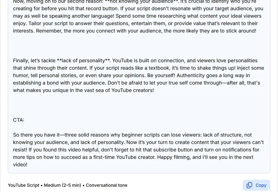 how to write a youtube script, Phrasly AI Script Generator output showing the third body point and a CTA with two asks